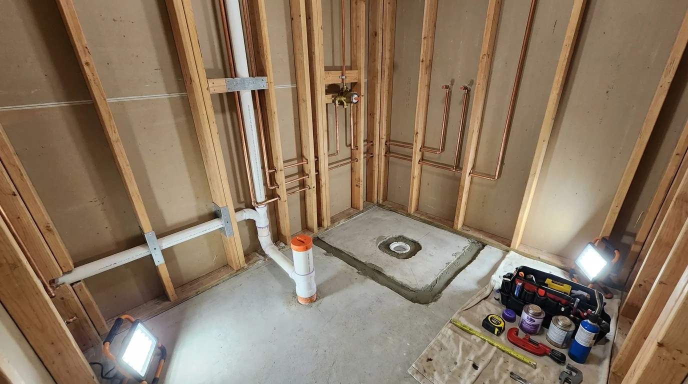 Bathroom rough-in plumbing during remodel by Johns Plumbing LLC in Cottage Grove