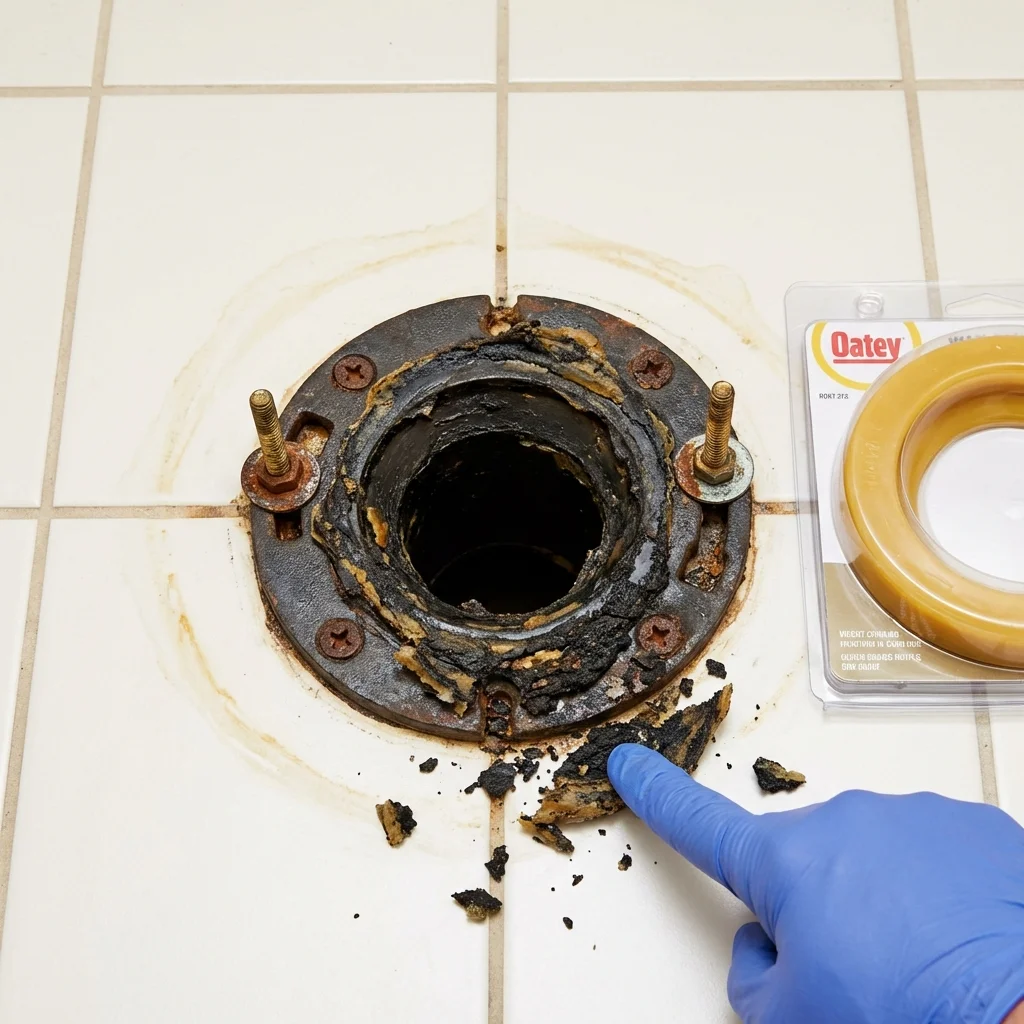 Failed wax ring showing water seepage at the base of a toilet in a Cottage Grove, OR home