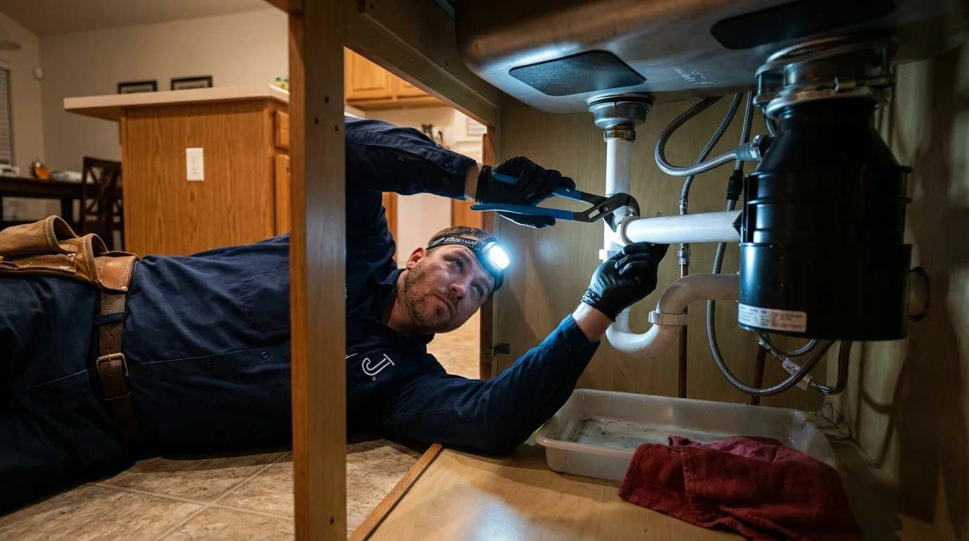 P-trap and supply line connections under a kitchen sink showing a common leak point in Cottage Grove, OR